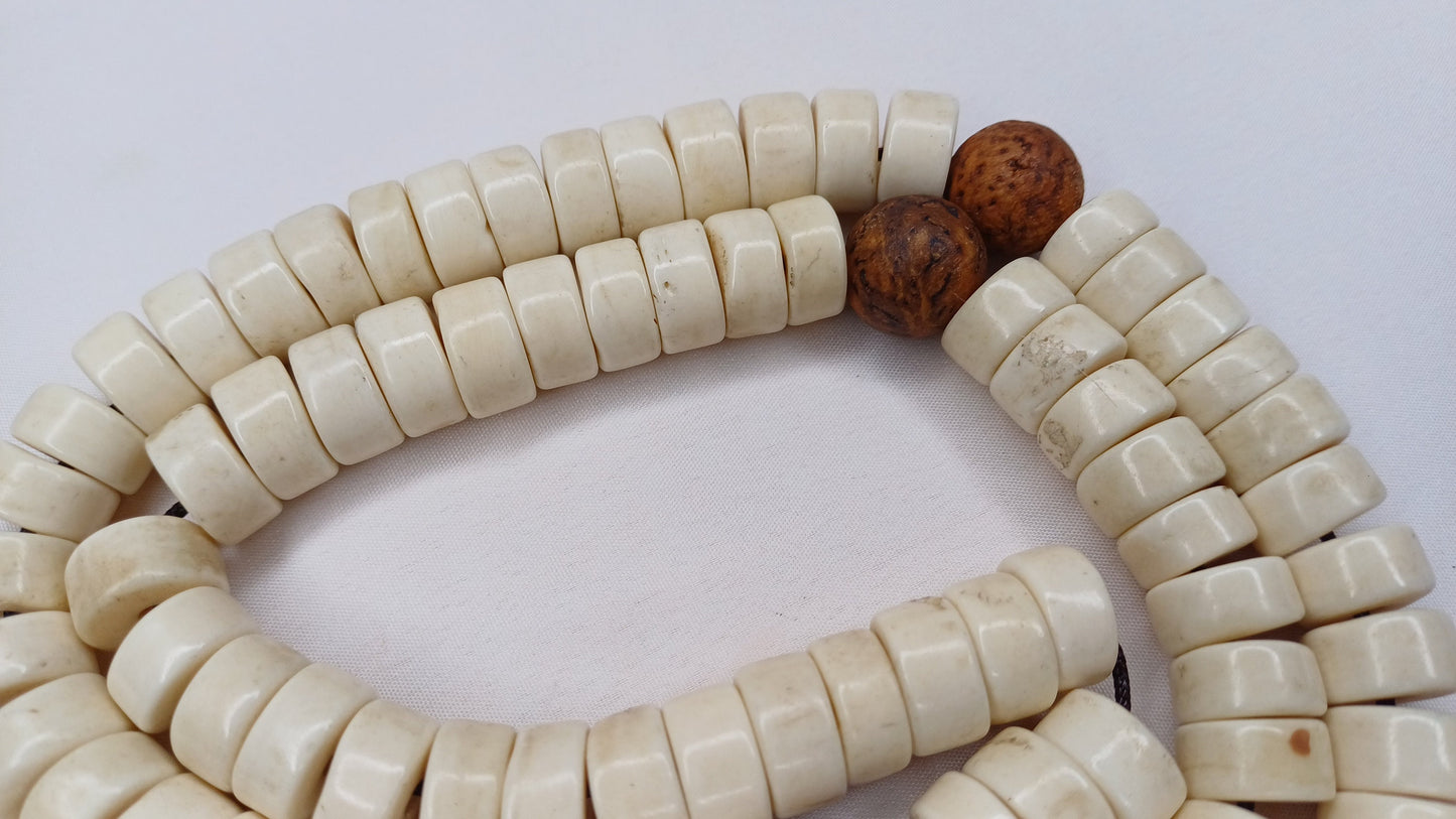 108 Handcarved Original Tibetan Yak Bone/Bodhi Beads Meditation Mala,Disc Shaped Ethnic Bone Jewellery,Tibetan Buddhist Prayer Bone Rosary