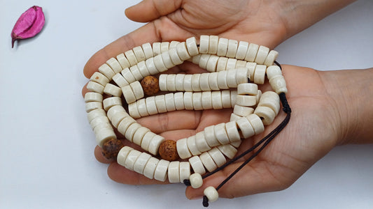 108 Handcarved Original Tibetan Yak Bone/Bodhi Beads Meditation Mala,Disc Shaped Ethnic Bone Jewellery,Tibetan Buddhist Prayer Bone Rosary