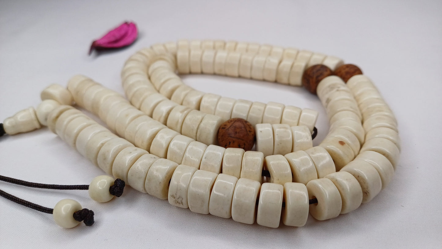 108 Handcarved Original Tibetan Yak Bone/Bodhi Beads Meditation Mala,Disc Shaped Ethnic Bone Jewellery,Tibetan Buddhist Prayer Bone Rosary