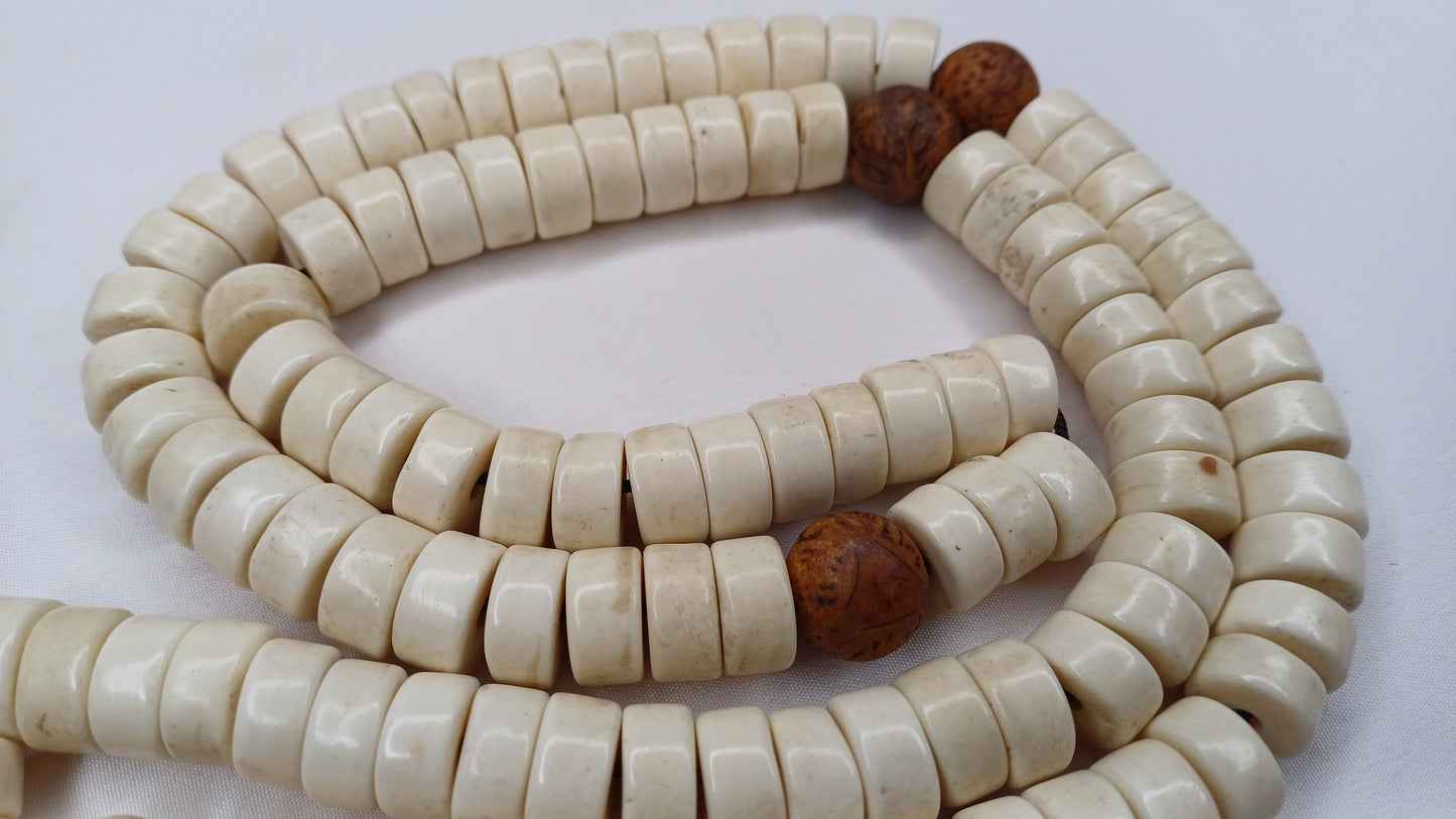 108 Handcarved Original Tibetan Yak Bone/Bodhi Beads Meditation Mala,Disc Shaped Ethnic Bone Jewellery,Tibetan Buddhist Prayer Bone Rosary