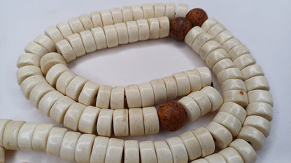 108 Handcarved Original Tibetan Yak Bone/Bodhi Beads Meditation Mala,Disc Shaped Ethnic Bone Jewellery,Tibetan Buddhist Prayer Bone Rosary