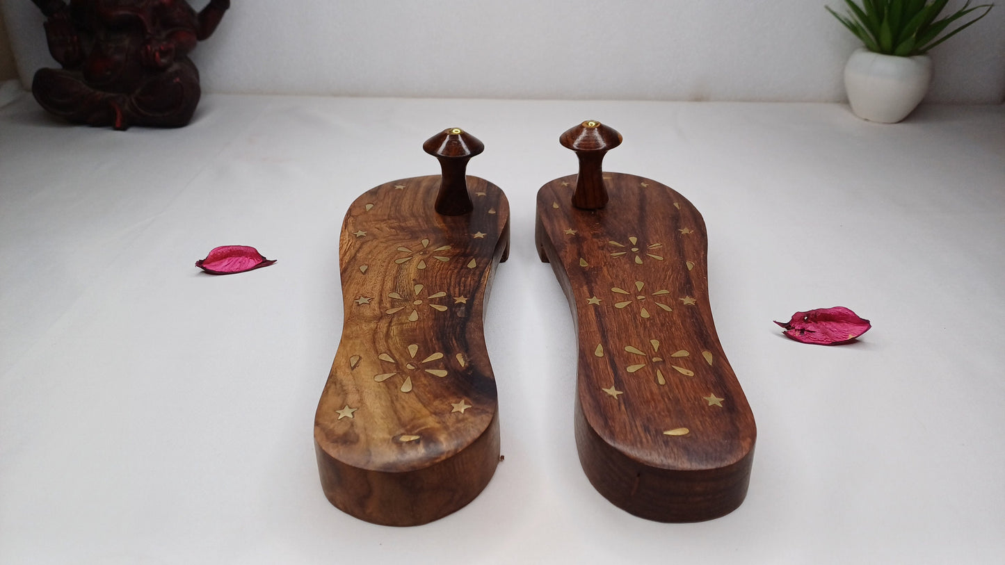 Himalayan"Yogis"Handcrafted Traditional Wooden Slippers for Meditation and Yoga, Unique Carved Wooden Charan Paduka with Brass Designed