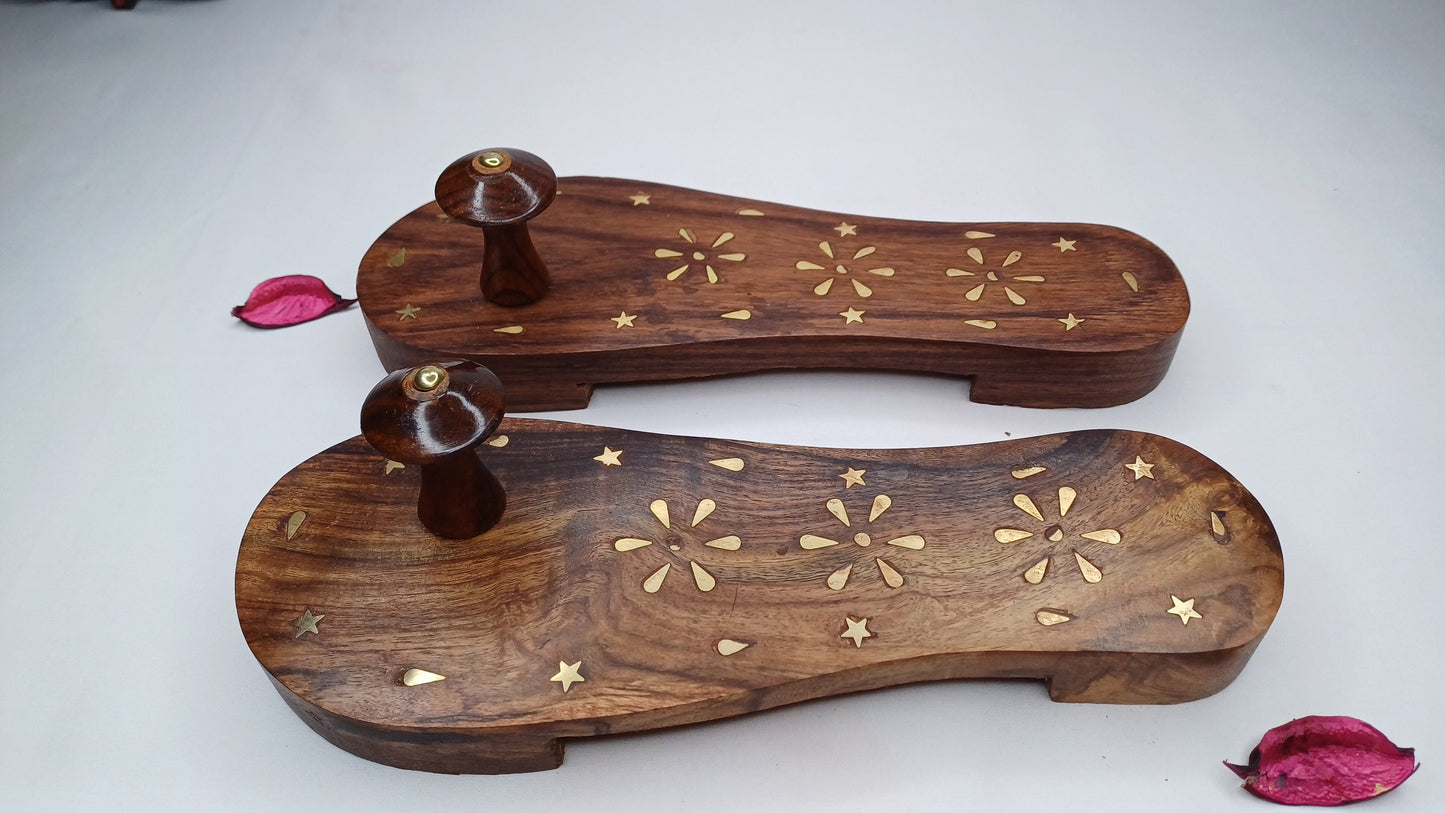 Himalayan"Yogis"Handcrafted Traditional Wooden Slippers for Meditation and Yoga, Unique Carved Wooden Charan Paduka with Brass Designed
