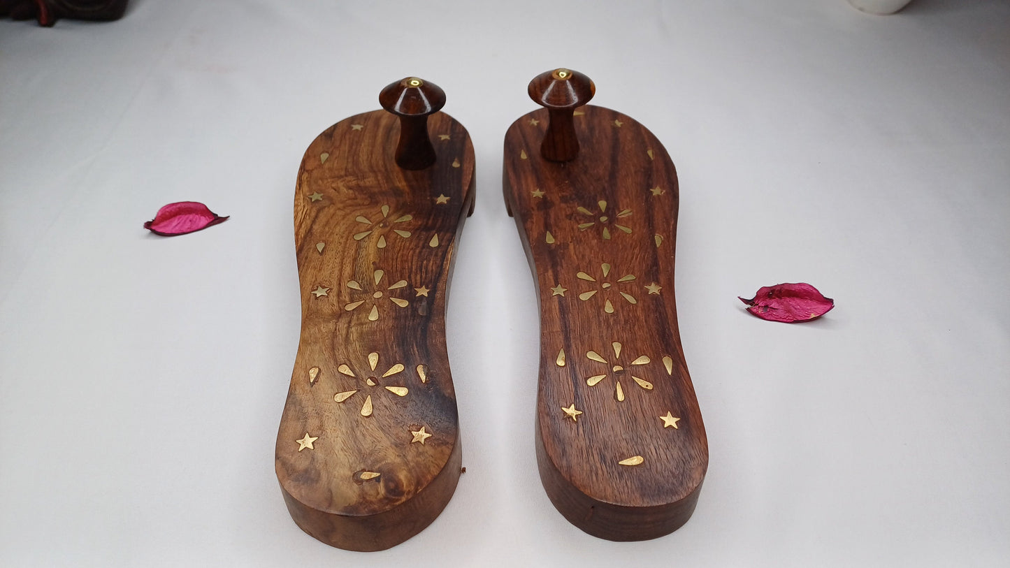 Himalayan"Yogis"Handcrafted Traditional Wooden Slippers for Meditation and Yoga, Unique Carved Wooden Charan Paduka with Brass Designed