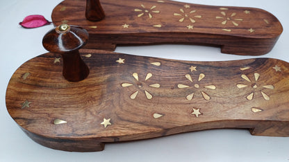 Himalayan"Yogis"Handcrafted Traditional Wooden Slippers for Meditation and Yoga, Unique Carved Wooden Charan Paduka with Brass Designed