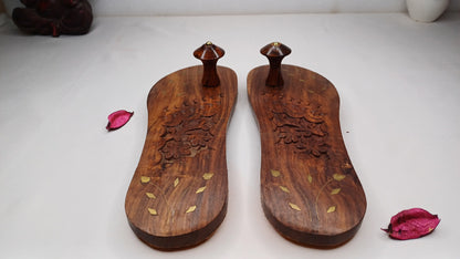 Himalayan"Yogis"Handcrafted Traditional Wooden Slippers,Unique Carved Design , Wooden Charan Paduka with Brass Designed