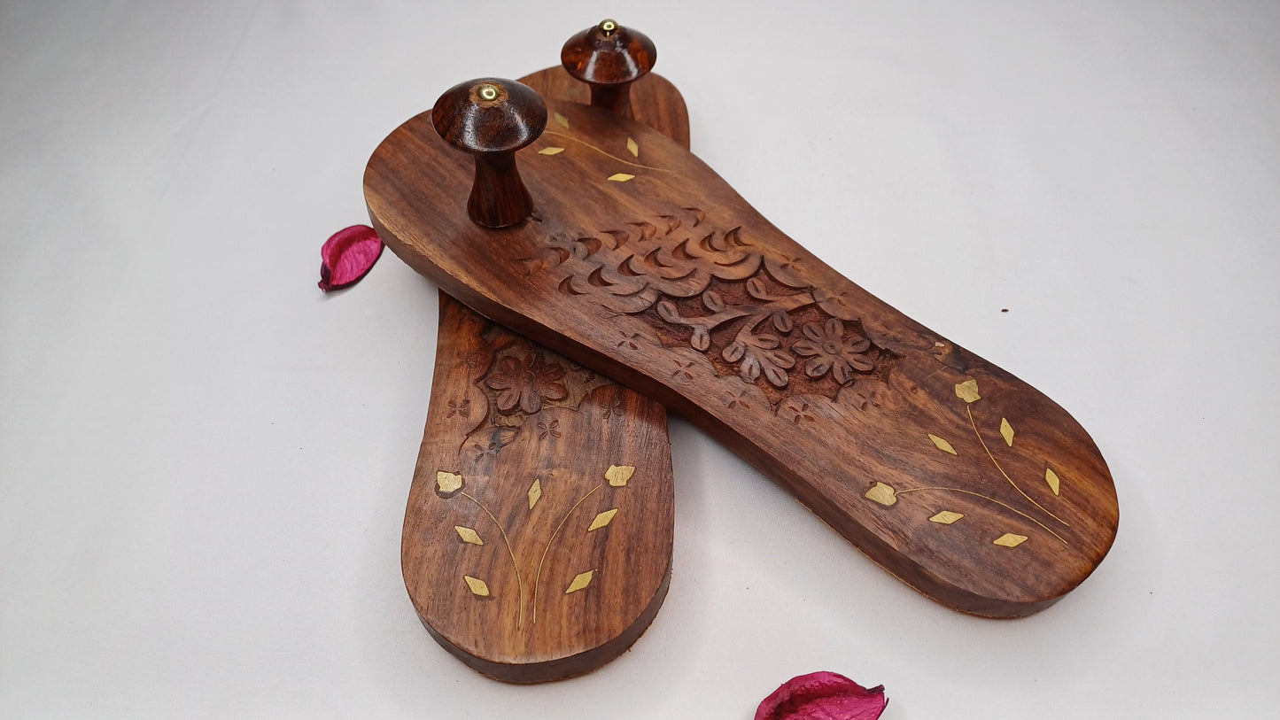 Himalayan"Yogis"Handcrafted Traditional Wooden Slippers,Unique Carved Design , Wooden Charan Paduka with Brass Designed