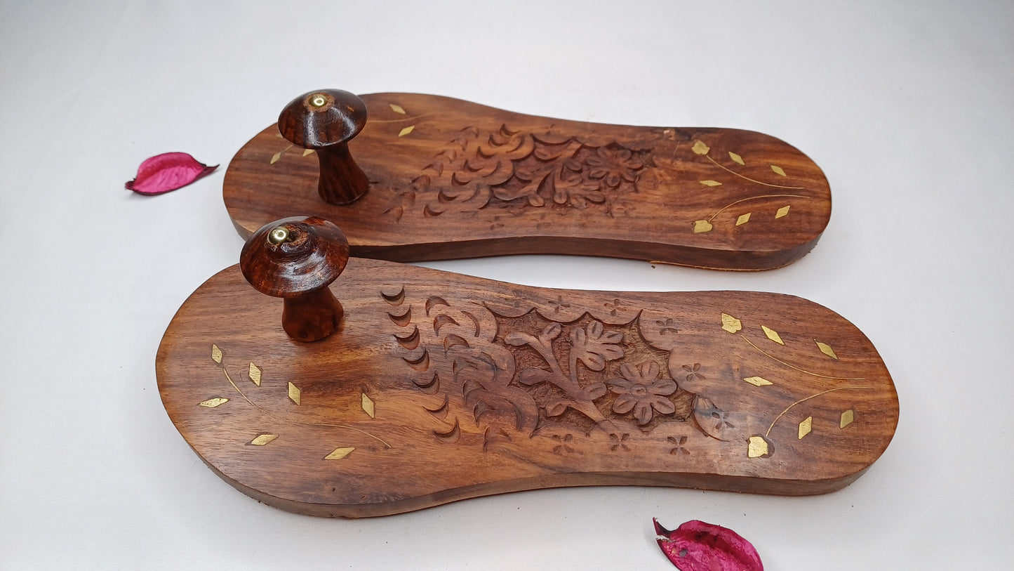 Himalayan"Yogis"Handcrafted Traditional Wooden Slippers,Unique Carved Design , Wooden Charan Paduka with Brass Designed