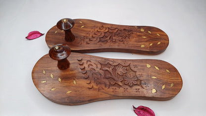 Himalayan"Yogis"Handcrafted Traditional Wooden Slippers,Unique Carved Design , Wooden Charan Paduka with Brass Designed