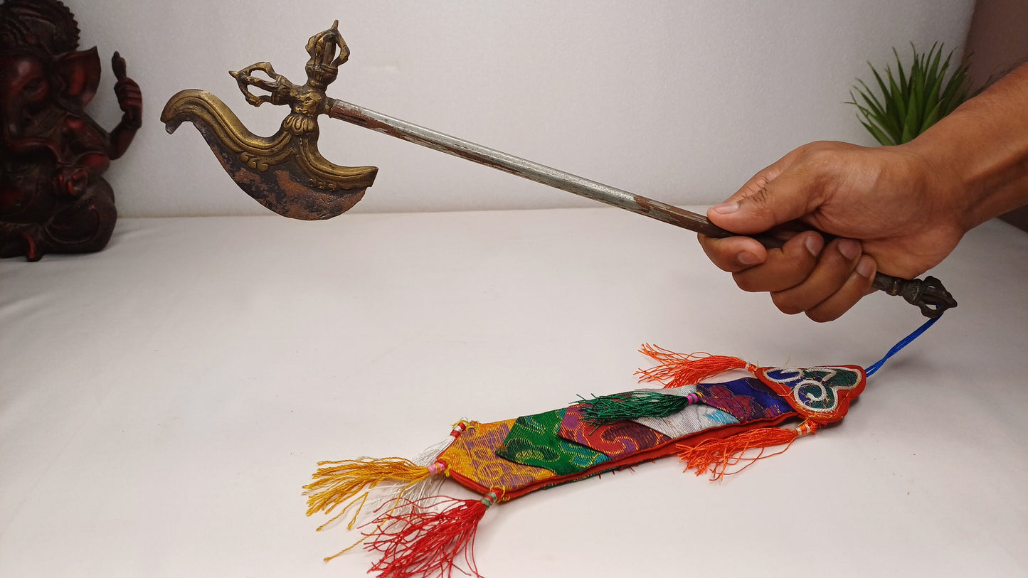 Antique Rare Authentic Buddhist Ritual Wand Khatvanga Axe With Vajra Dorje Top,Sacred Tibetan Tantric Khatvanga Ceremonial  Weapon Blade