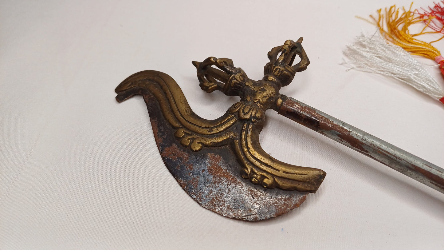 Antique Rare Authentic Buddhist Ritual Wand Khatvanga Axe With Vajra Dorje Top,Sacred Tibetan Tantric Khatvanga Ceremonial  Weapon Blade