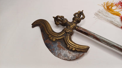 Antique Rare Authentic Buddhist Ritual Wand Khatvanga Axe With Vajra Dorje Top,Sacred Tibetan Tantric Khatvanga Ceremonial  Weapon Blade
