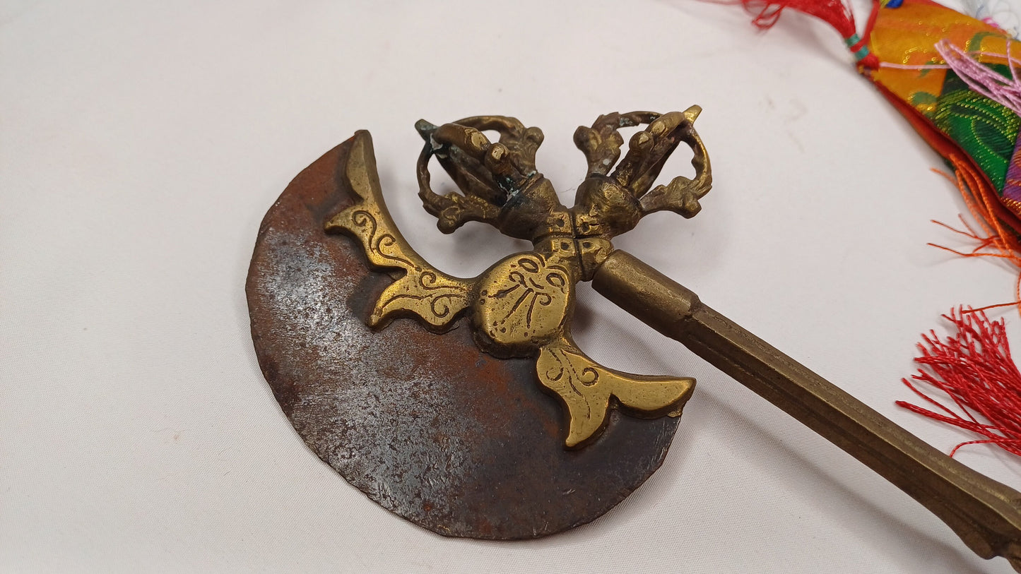 Antique Rare Authentic Handmade  Tibetan Buddhist Ritual Brass Prashu Vajra Dorje Axe,Sacred Tibetan Tantric  Ceremonial  Weapon Blade