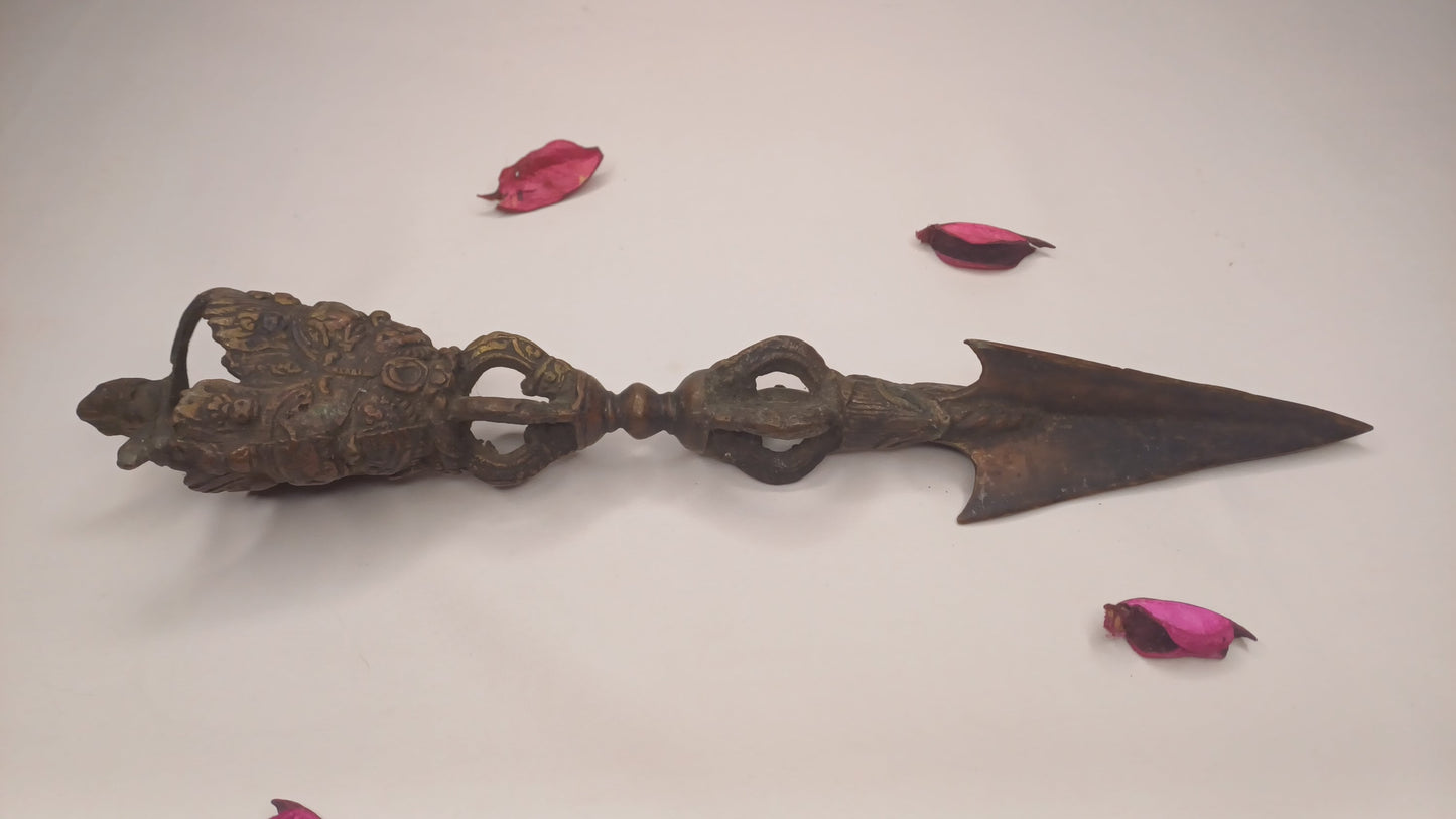 20th Century Antique Rare Authentic Mahakala Ceremonial Buddhist Ritual Phurba,Three-Sided Vajra Dorje Top Sacred Tibetan Tantric Dagger