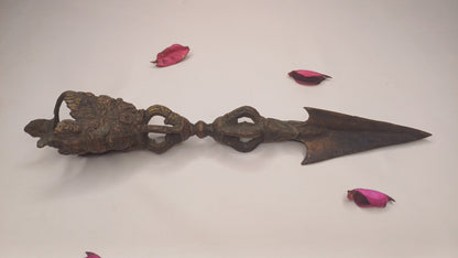 20th Century Antique Rare Authentic Mahakala Ceremonial Buddhist Ritual Phurba,Three-Sided Vajra Dorje Top Sacred Tibetan Tantric Dagger