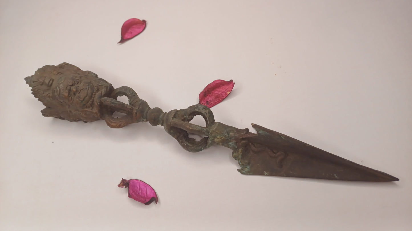 20 Century Antique Rare Authentic Mahakala Ceremonial Buddhist Ritual Phurba,Three-Sided Vajra Dorje Top Sacred Tibetan Tantric Dagger