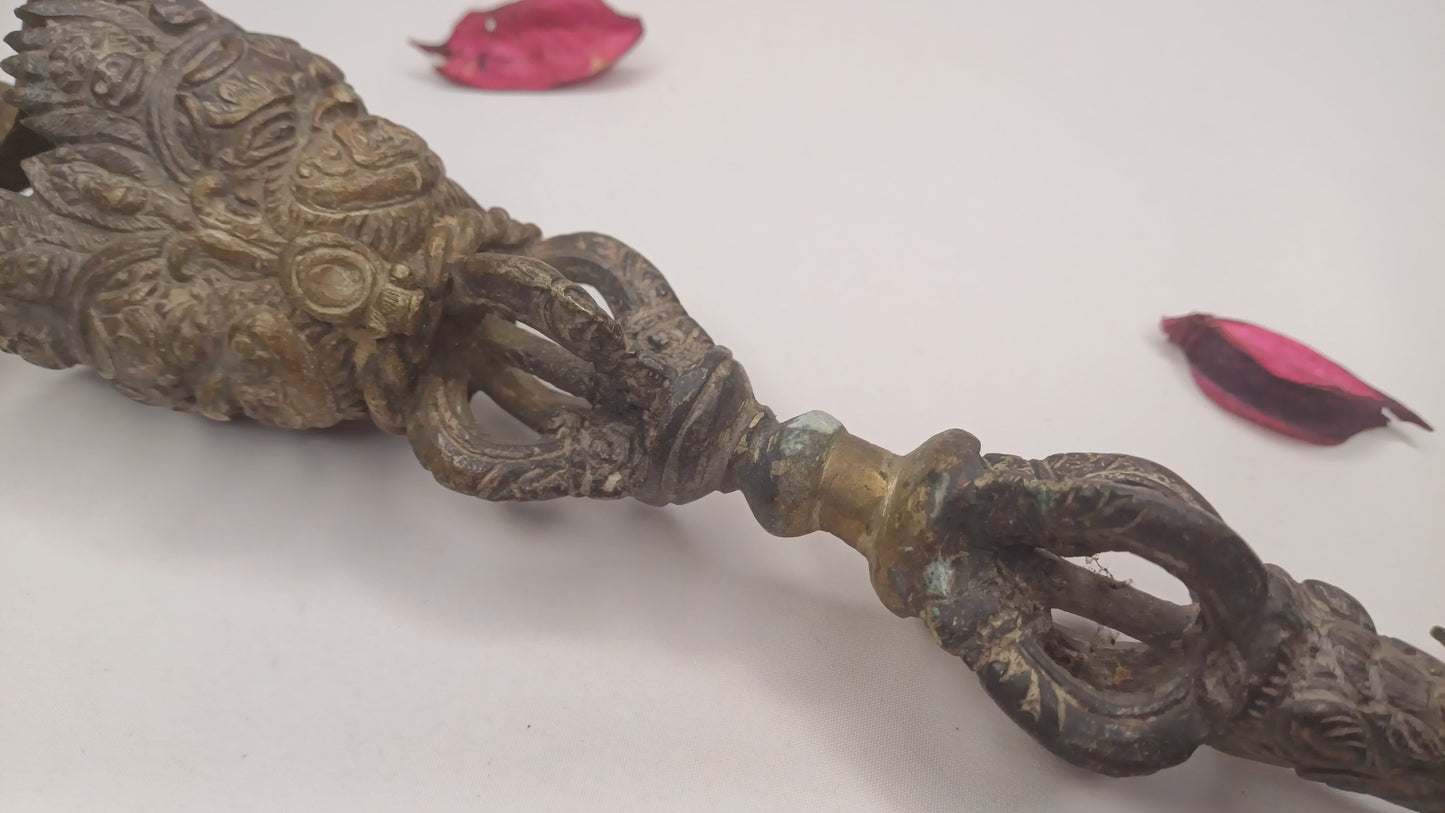 20 Century Antique Rare Authentic Mahakala Ceremonial Buddhist Ritual Phurba,Three-Sided Vajra Dorje Top Sacred Tibetan Tantric Dagger