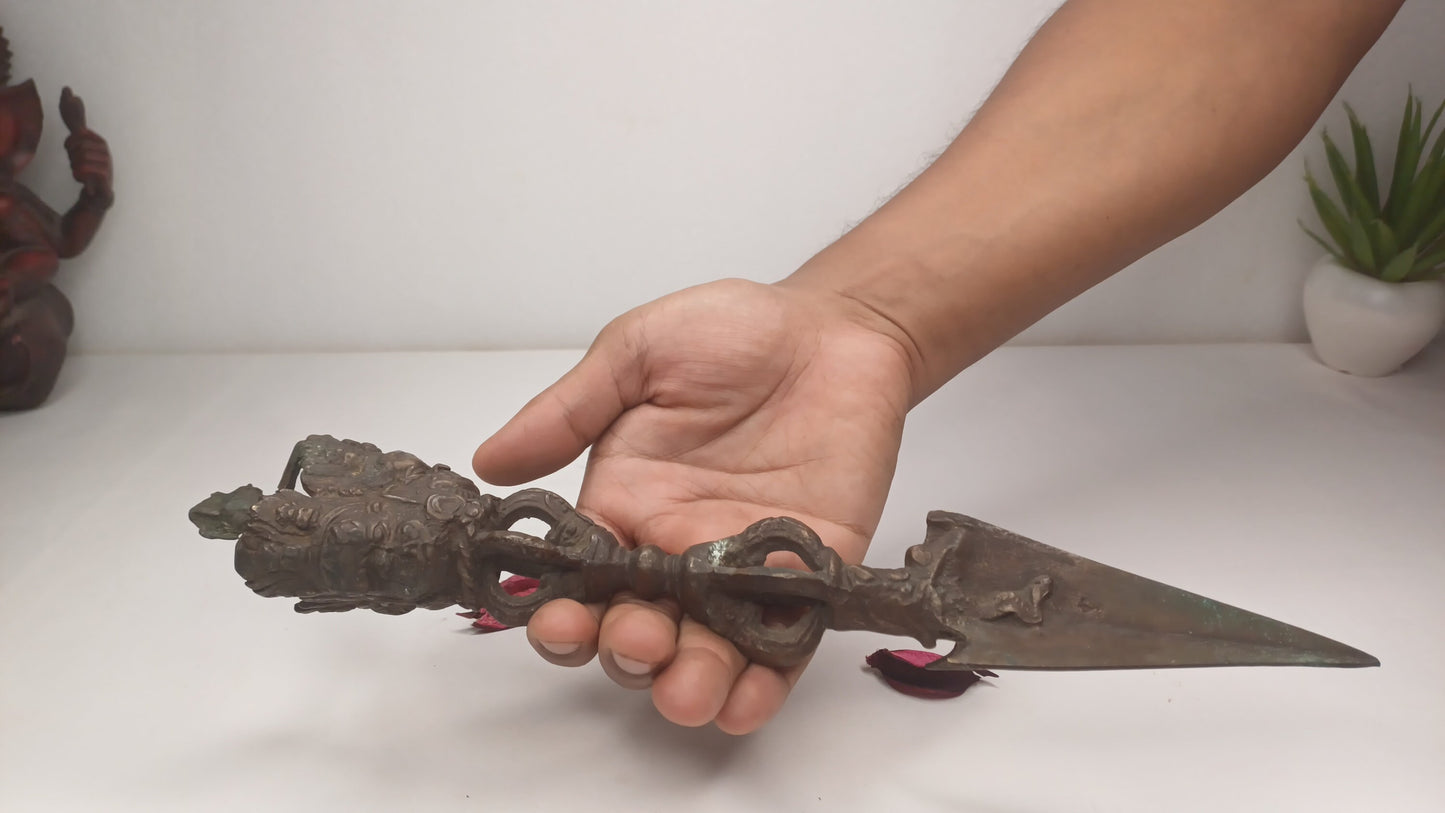 20 Century Antique Rare Authentic Mahakala Ceremonial Buddhist Ritual Phurba,Three-Sided Vajra Dorje Top Sacred Tibetan Tantric Dagger