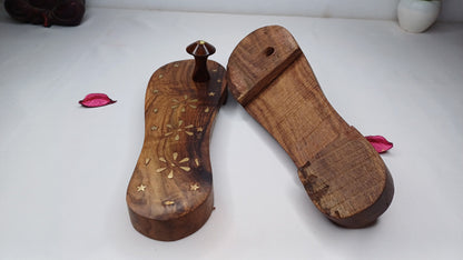 Himalayan"Yogis"Handcrafted Traditional Wooden Slippers for Meditation and Yoga, Unique Carved Wooden Charan Paduka with Brass Designed