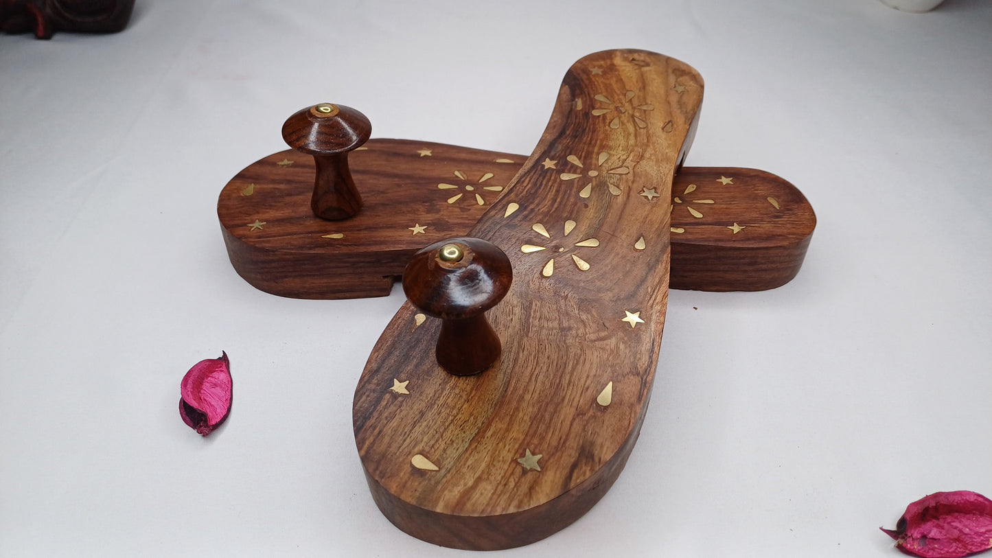 Himalayan"Yogis"Handcrafted Traditional Wooden Slippers for Meditation and Yoga, Unique Carved Wooden Charan Paduka with Brass Designed