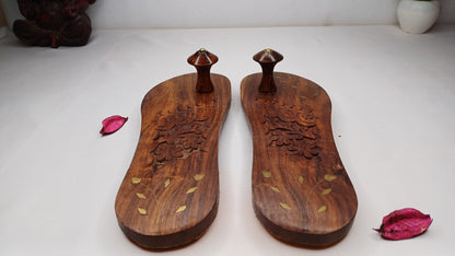 Himalayan"Yogis"Handcrafted Traditional Wooden Slippers,Unique Carved Design , Wooden Charan Paduka with Brass Designed