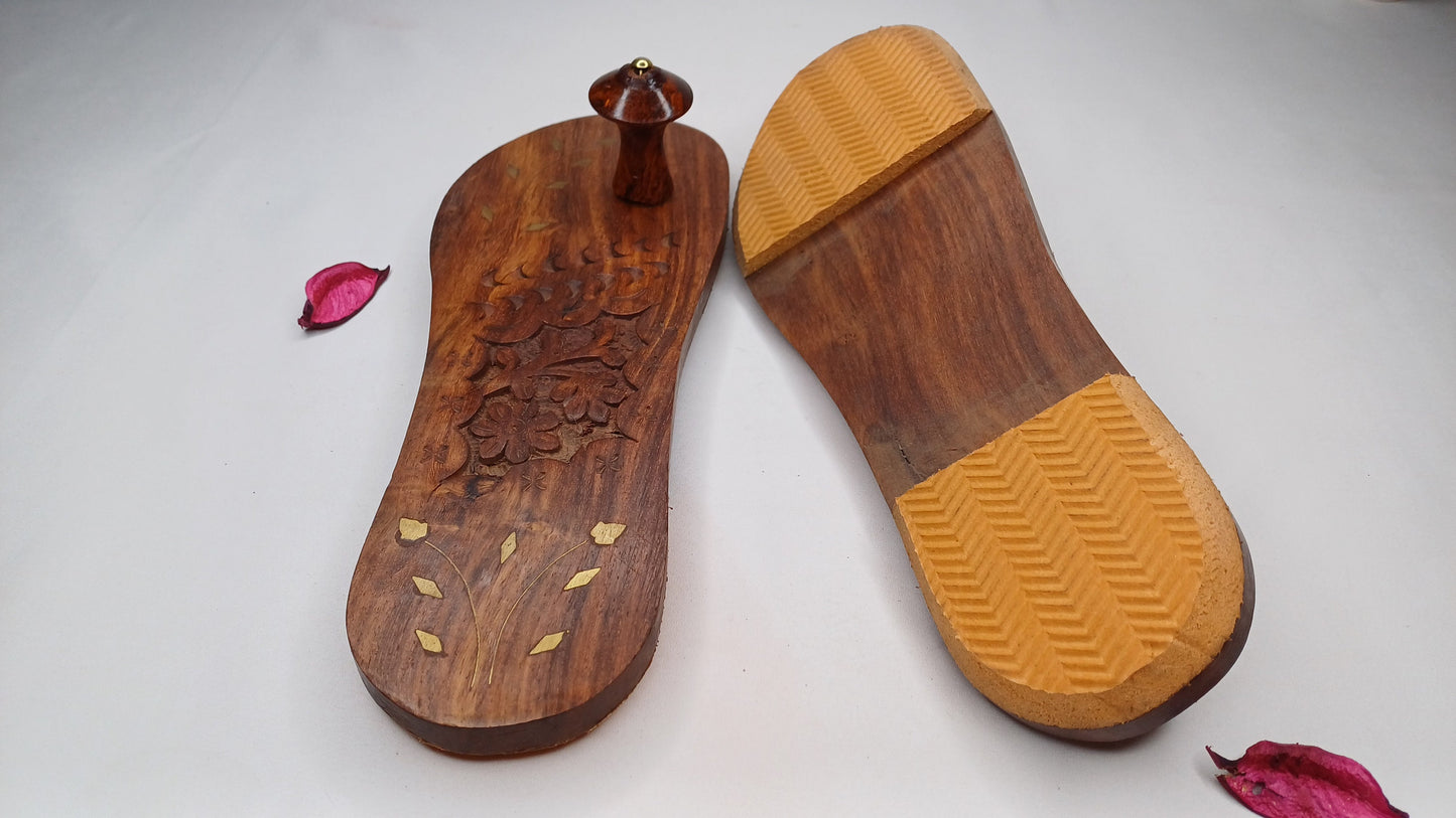 Himalayan"Yogis"Handcrafted Traditional Wooden Slippers,Unique Carved Design , Wooden Charan Paduka with Brass Designed