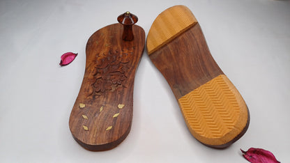 Himalayan"Yogis"Handcrafted Traditional Wooden Slippers,Unique Carved Design , Wooden Charan Paduka with Brass Designed