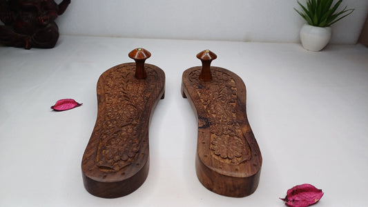 Himalayan"Yogis"Handcrafted Traditional Wooden Slippers for Meditation and Yoga,Unique Carved Wooden Charan Paduka with Floral Designed
