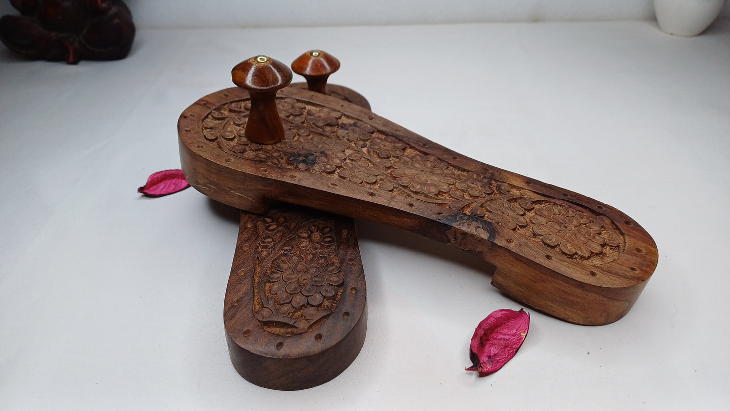 Himalayan"Yogis"Handcrafted Traditional Wooden Slippers for Meditation and Yoga,Unique Carved Wooden Charan Paduka with Floral Designed