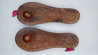 Himalayan"Yogis"Handcrafted Traditional Wooden Slippers for Meditation and Yoga,Unique Carved Wooden Charan Paduka with Floral Designed