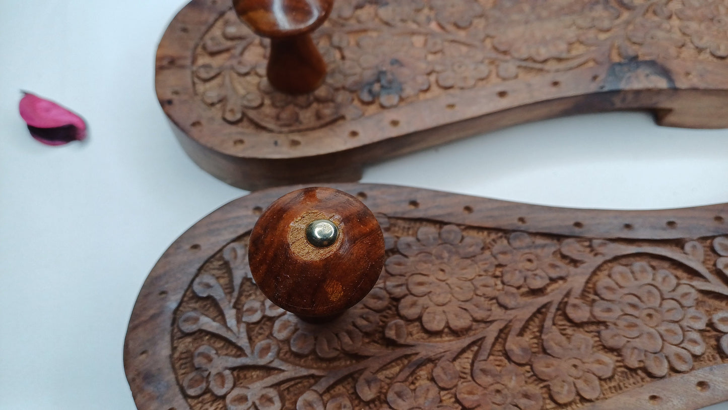 Himalayan"Yogis"Handcrafted Traditional Wooden Slippers for Meditation and Yoga,Unique Carved Wooden Charan Paduka with Floral Designed
