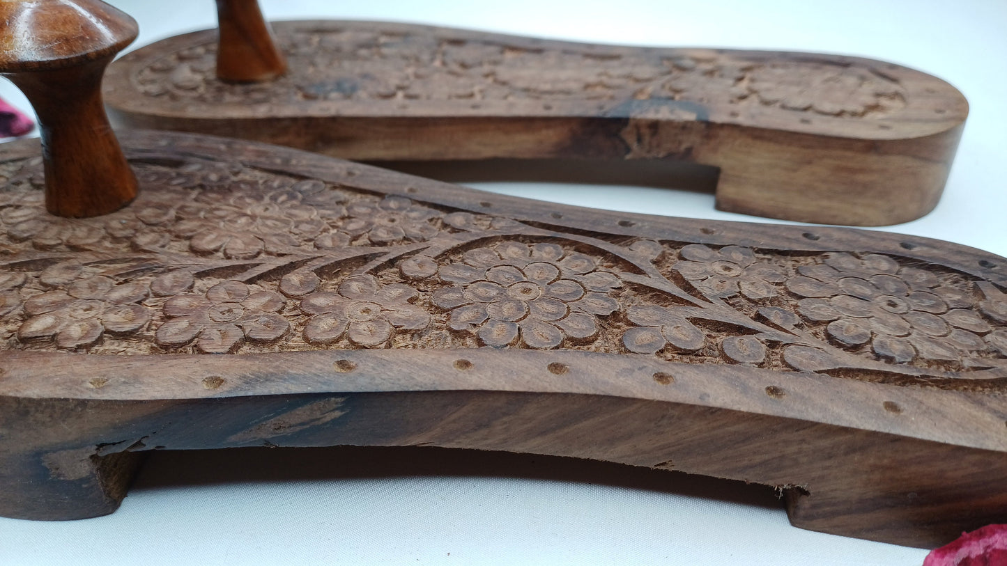 Himalayan"Yogis"Handcrafted Traditional Wooden Slippers for Meditation and Yoga,Unique Carved Wooden Charan Paduka with Floral Designed