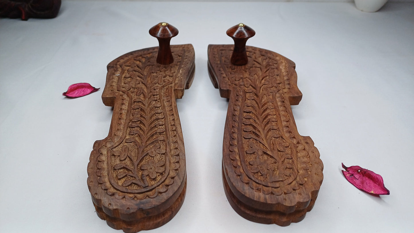Traditional Himalayan"Yogis" Handcrafted Wooden Slippers for Meditation and Yoga,Unique Carved Wooden Charan Paduka with Floral Designed