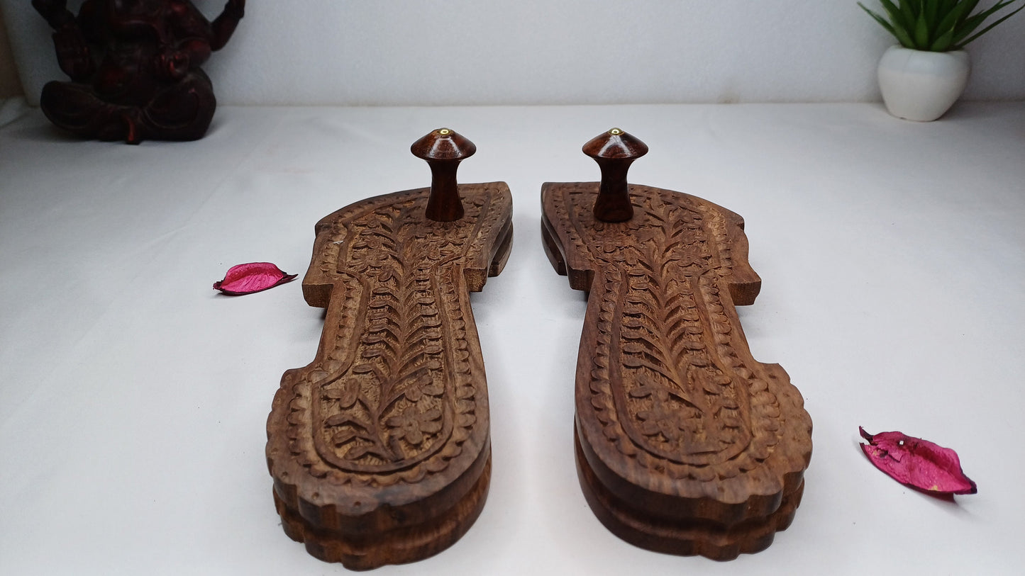 Traditional Himalayan"Yogis" Handcrafted Wooden Slippers for Meditation and Yoga,Unique Carved Wooden Charan Paduka with Floral Designed