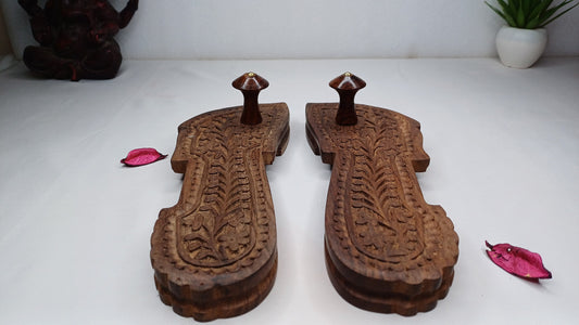 Traditional Himalayan"Yogis" Handcrafted Wooden Slippers for Meditation and Yoga,Unique Carved Wooden Charan Paduka with Floral Designed