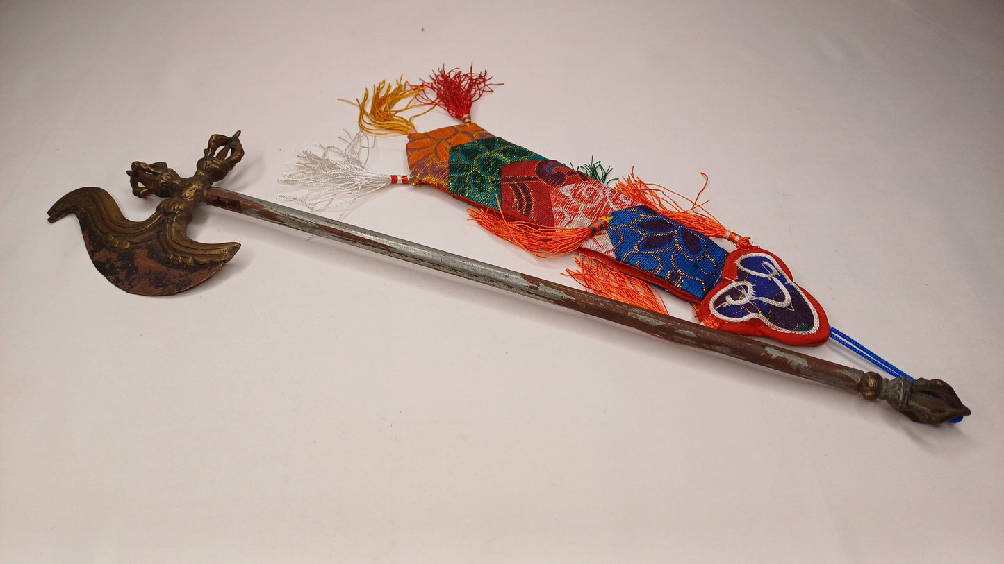 Antique Rare Authentic Buddhist Ritual Wand Khatvanga Axe With Vajra Dorje Top,Sacred Tibetan Tantric Khatvanga Ceremonial  Weapon Blade