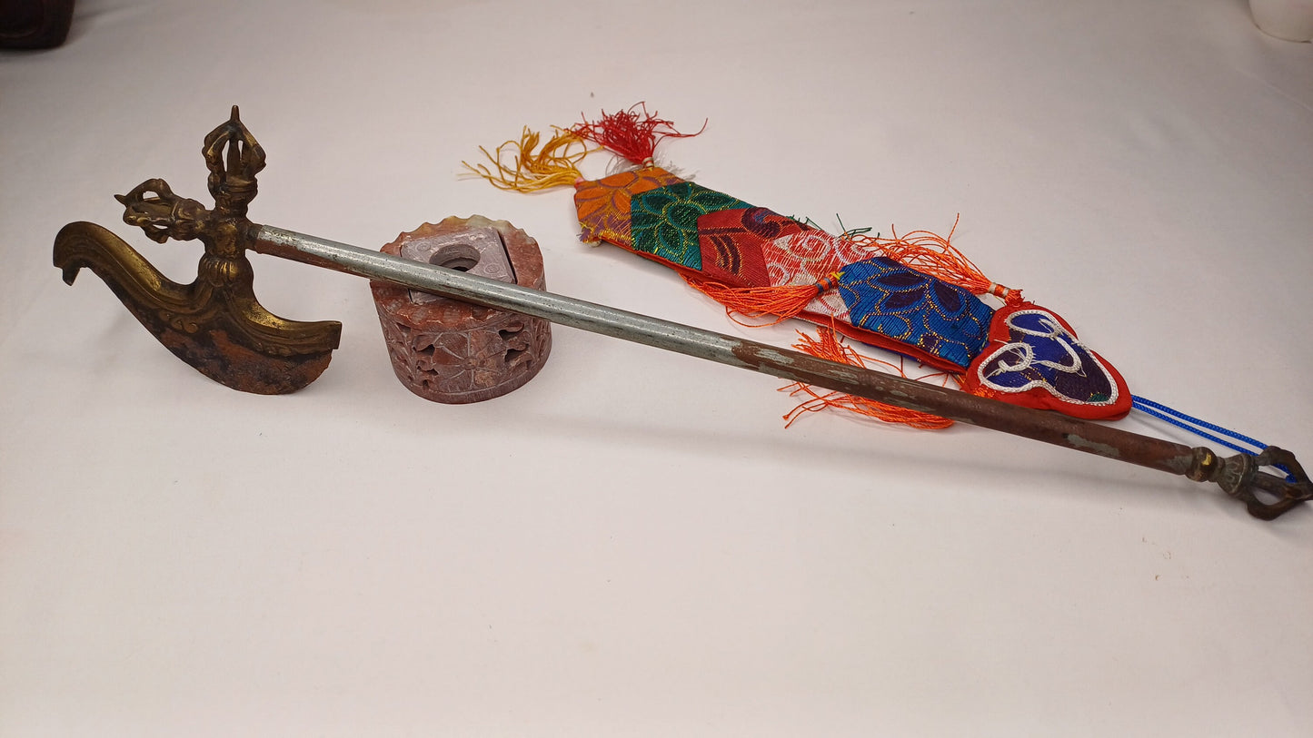 Antique Rare Authentic Buddhist Ritual Wand Khatvanga Axe With Vajra Dorje Top,Sacred Tibetan Tantric Khatvanga Ceremonial  Weapon Blade