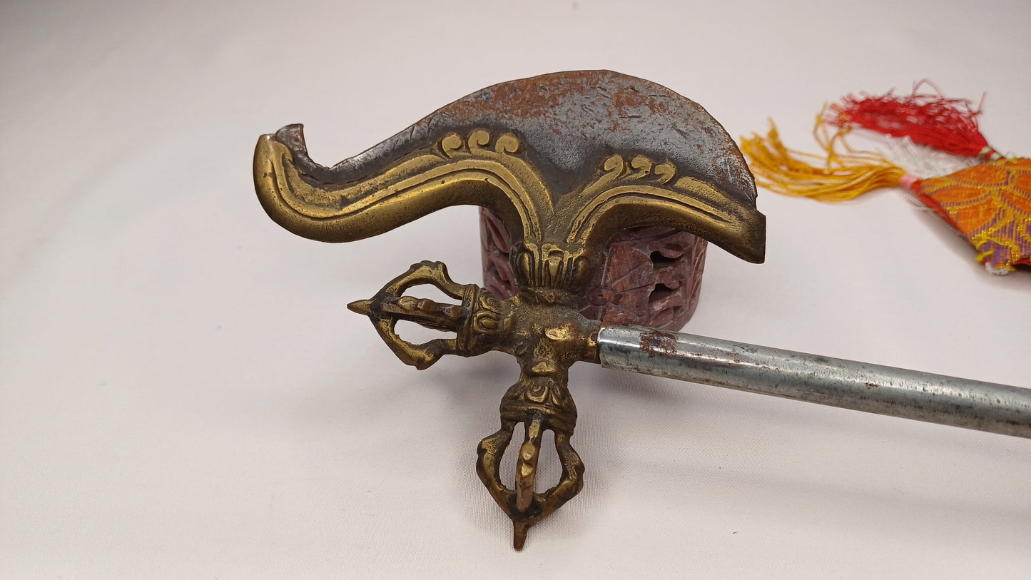 Antique Rare Authentic Buddhist Ritual Wand Khatvanga Axe With Vajra Dorje Top,Sacred Tibetan Tantric Khatvanga Ceremonial  Weapon Blade