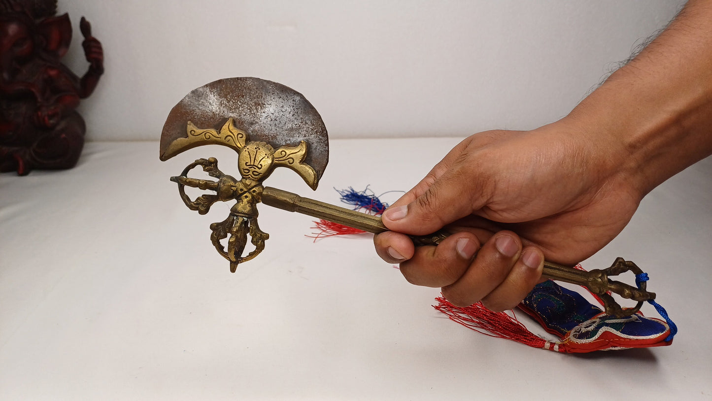 Antique Rare Authentic Handmade  Tibetan Buddhist Ritual Brass Prashu Vajra Dorje Axe,Sacred Tibetan Tantric  Ceremonial  Weapon Blade