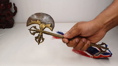 Antique Rare Authentic Handmade  Tibetan Buddhist Ritual Brass Prashu Vajra Dorje Axe,Sacred Tibetan Tantric  Ceremonial  Weapon Blade