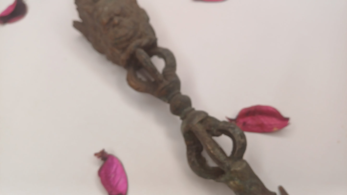 20 Century Antique Rare Authentic Mahakala Ceremonial Buddhist Ritual Phurba,Three-Sided Vajra Dorje Top Sacred Tibetan Tantric Dagger