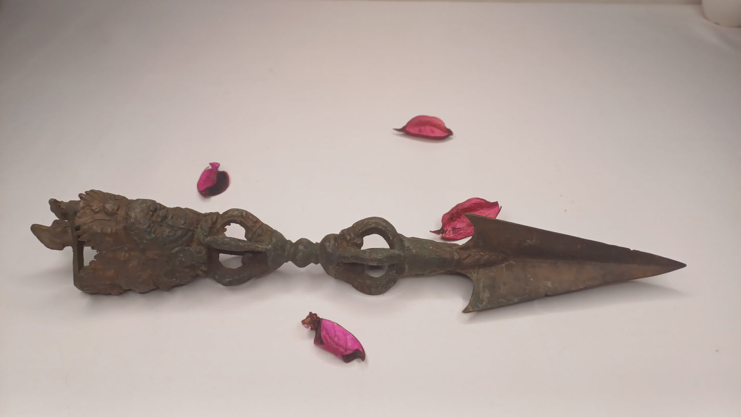 20 Century Antique Rare Authentic Mahakala Ceremonial Buddhist Ritual Phurba,Three-Sided Vajra Dorje Top Sacred Tibetan Tantric Dagger