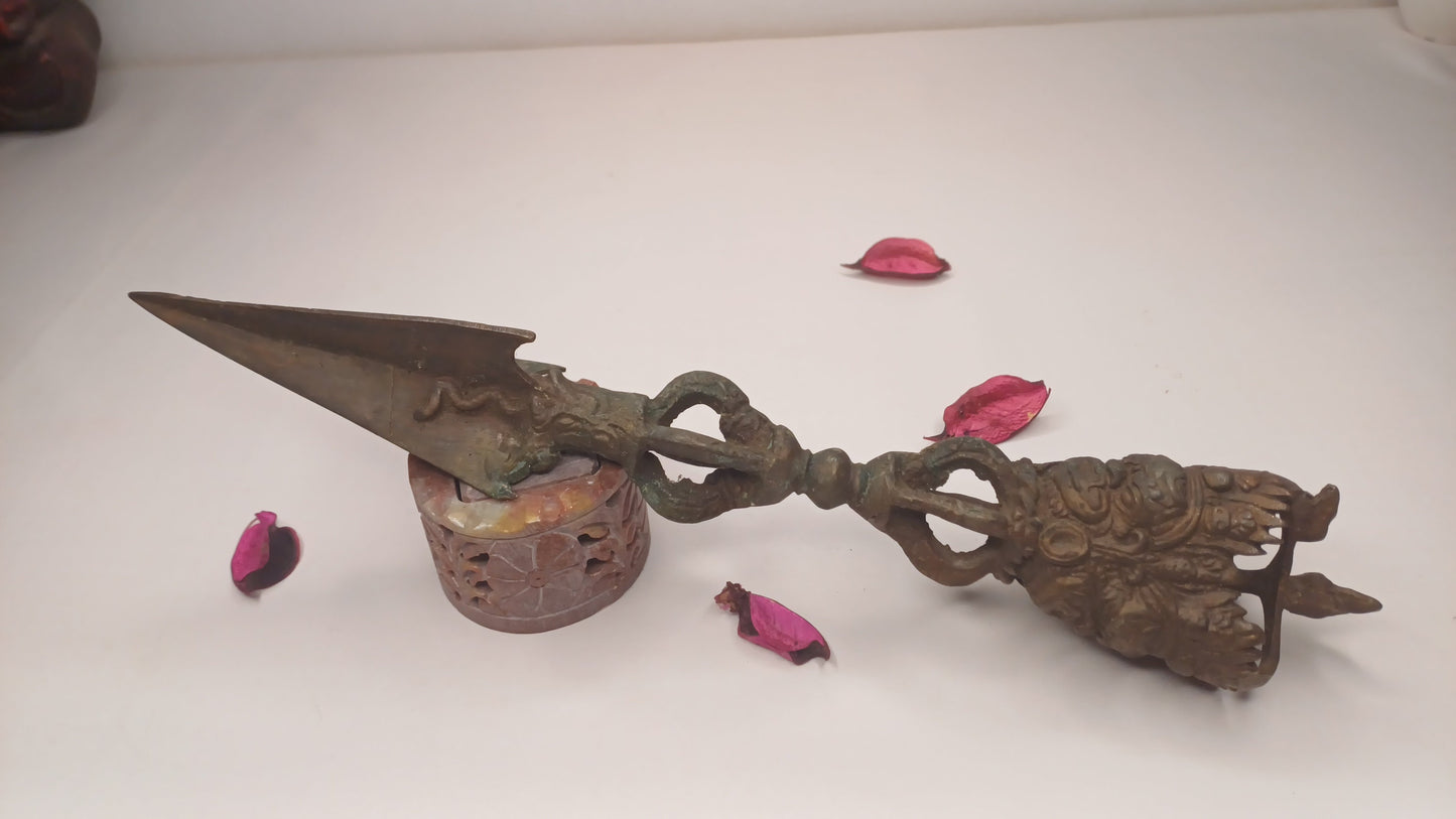20 Century Antique Rare Authentic Mahakala Ceremonial Buddhist Ritual Phurba,Three-Sided Vajra Dorje Top Sacred Tibetan Tantric Dagger