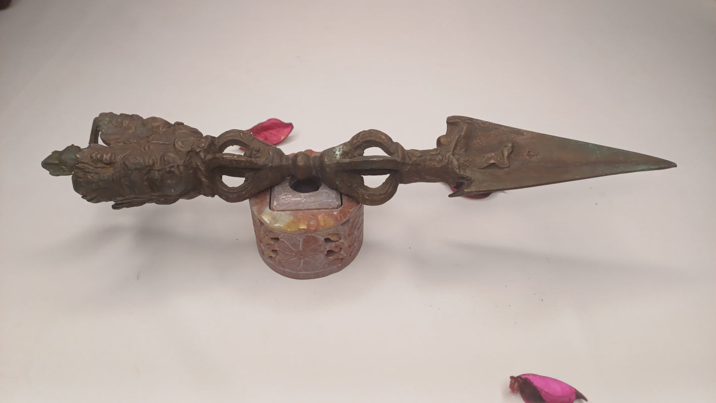 20 Century Antique Rare Authentic Mahakala Ceremonial Buddhist Ritual Phurba,Three-Sided Vajra Dorje Top Sacred Tibetan Tantric Dagger