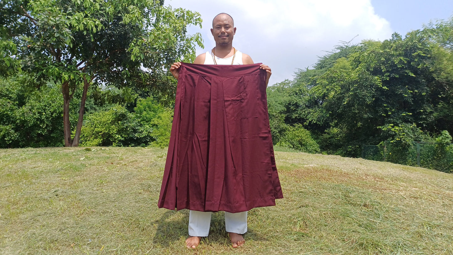 Layman Unisex Burgundy Tibetan Buddhist Meditation Skirt,Half Chuba Wrap-Around Cotton Meditation Cloth,Monastry Style Spiritual Lower Robe
