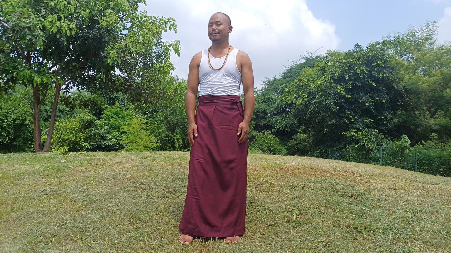 Layman Unisex Burgundy Tibetan Buddhist Meditation Skirt,Half Chuba Wrap-Around Cotton Meditation Cloth,Monastry Style Spiritual Lower Robe
