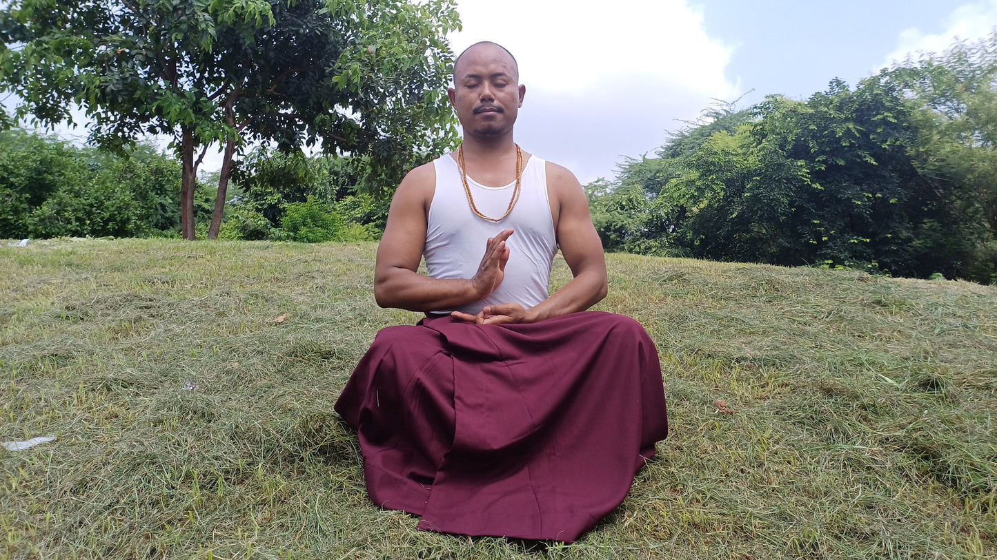 Layman Unisex Burgundy Tibetan Buddhist Meditation Skirt,Half Chuba Wrap-Around Cotton Meditation Cloth,Monastry Style Spiritual Lower Robe