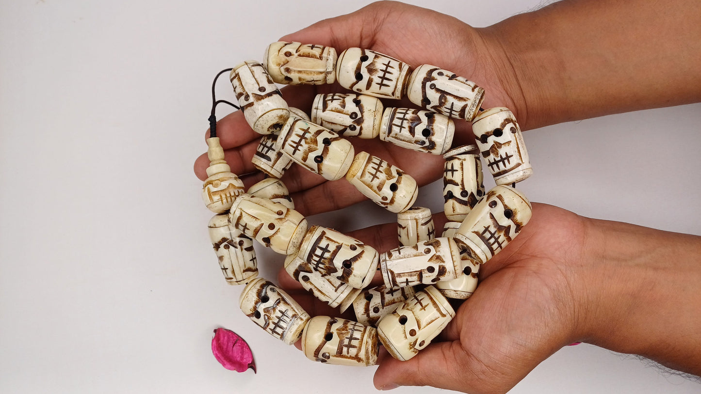 Vintage 28 Extra-Large Beads Handcarved Tibetan Buddhist Yak Skull Bone Mala,Tantrik Prayer Skull Mala,Ethnic Bone necklace/Jewellery