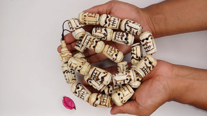 Vintage 28 Extra-Large Beads Handcarved Tibetan Buddhist Yak Skull Bone Mala,Tantrik Prayer Skull Mala,Ethnic Bone necklace/Jewellery