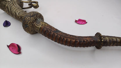 Antique Rare Tibetan Buddhism Ritual Instrument Copper Trumpet,Sacred Buddhist Tibetan Figural Dragon Head Ceremonial Horn,Buddhist Artifact